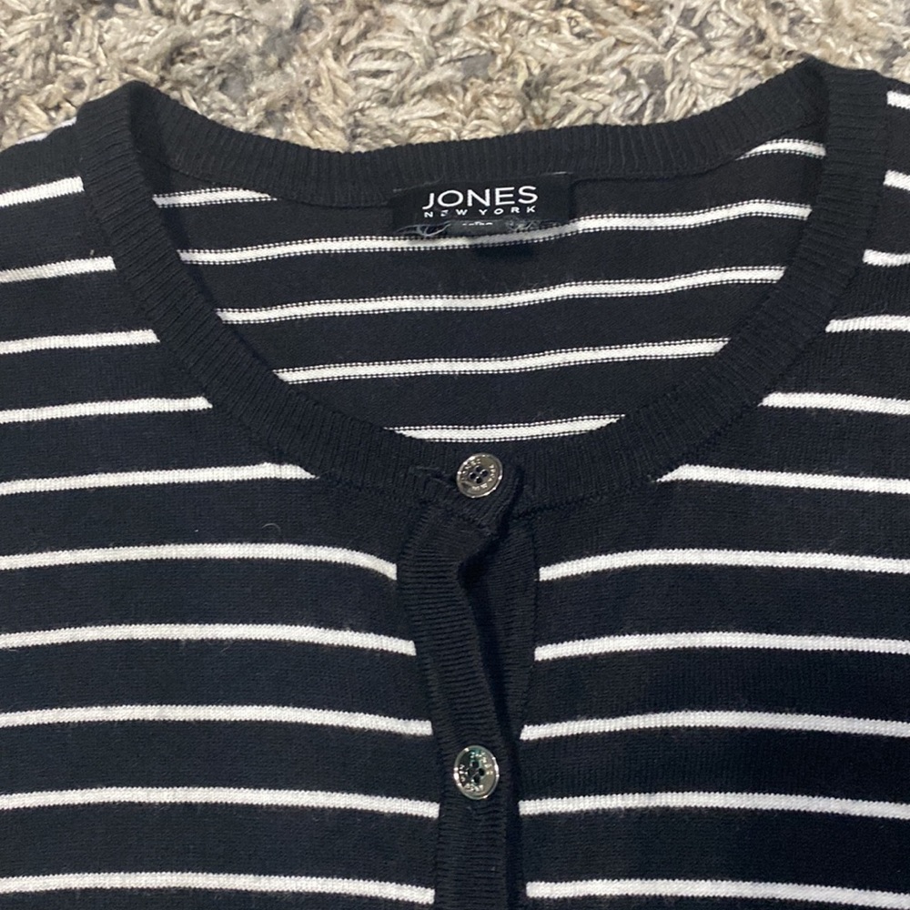 Jones, New York, black white striped cardigan, long sleeve, size small - Picture 3 of 5